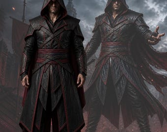 Dark Fantasy Assassin Style Cosplay,  Hooded Leather Costume,Medieval Rogue Cloak Outfit,Handmade Gothic Warrior Cape Coat,Halloween Costume