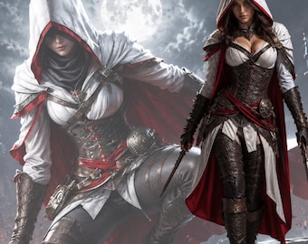 Women Hooded Assassin Cosplay Costume Coat, Gaming Inspired Cloak Outfit, Comic Con Costume, Fantasy Warrior Jacket, Halloween cosplay gift