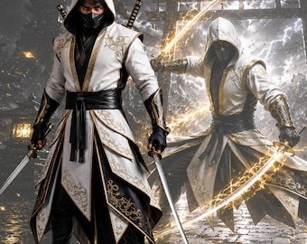 White Hooded Assassin Cosplay Costume, Medieval Ninja Warrior Suit, Fantasy RPG Gaming Outfit, Comic Con Halloween Leather coat Set for Men,
