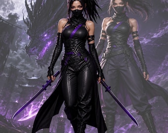Ninja Assassin Cosplay Costume Women, Gaming Inspired Costume, Black Purple Warrior Outfit, Leather Cosplay Set, Halloween Warrior Costume
