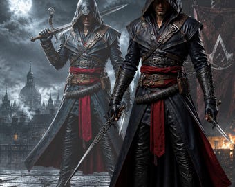 Fantasia de Assassino para Cosplay, Casaco Azul com Capuz para Jogos, Roupa Medieval de Couro Fantástica para Homens, Casaco Premium Feito à Mão para Homens, Fantasia de Halloween