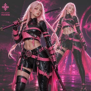 Könnte beinhalten: Eine Figur mit langem rosa Haar trägt ein Outfit aus schwarzem und rosa Vinyl, bestehend aus einem bauchfreien Langarm-Oberteil, einem Faltenrock und einer Leggings mit Riemen. Die Figur hält ein Katana mit rosa-schwarzem Griff und Scheide.