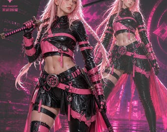 Pink Cyberpunk Inspired Cosplay Costume, Anime Gaming Outfit, Black Faux Leather Skirt Set, Futuristic Gamer Costume, Women Cosplay Top