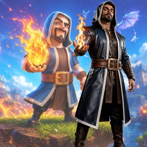 May include: A stylized cartoon wizard in a blue hooded robe with a brown belt holding a ball of fire, standing next to a realistic human figure wearing a dark blue hooded coat with a brown belt, also holding a ball of fire in their hand.