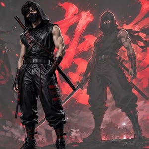 May include: A digital illustration featuring two figures dressed in black sleeveless hooded tactical outfits with red accents. Each figure wears a face mask and carries a katana sword on their back. The background is a vibrant red with abstract shapes.
