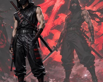 Mens Ninja Costume Techwear Hooded Jacket and Pants Set, Assassin Inspired Cosplay Outfit, Faux Leather Gaming Cyberpunk Halloween Wear