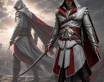 White Hooded Assassin Inspired Costume, Fantasy Warrior Cosplay Coat, Medieval Rogue Outfit, Gaming Inspired Cloak, Custom Halloween Costume
