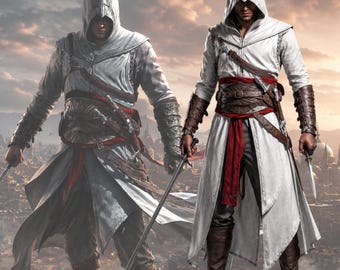 Men's White Hooded Fantasy Costume, Medieval Assassin Style Cosplay Outfit, Leather Warrior Robe, Renaissance LARP Wear, Halloween Costume