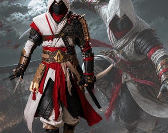 White Hooded Assassin Costume Men, Medieval Warrior Cosplay Outfit, Fantasy RPG Game Armor Suit, Custom Halloween Leather Inspired Costume