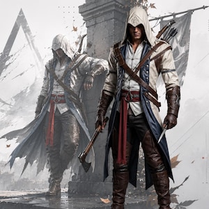 May include: An illustration of a character from the Assassin's Creed video game series. The character is wearing a white hooded cloak with blue and brown accents, a red sash, and brown leather boots. They are holding a hatchet and a knife.