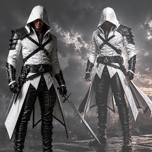 May include: A white hooded jacket with black shoulder armor, black leather-like pants with buckle straps, and black gauntlets. The outfit features a black cross-body harness with a metallic emblem on the belt and a long, pointed coat tail design.