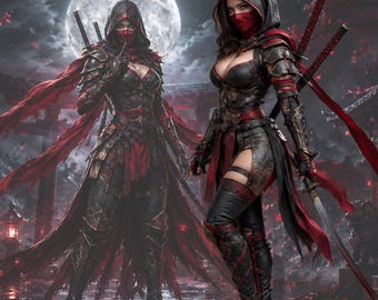 May include: Two figures in black and red ninja-style attire, complete with hoods and face coverings, stand before a full moon. The outfits feature intricate armor-like detailing and flowing red accents. Swords are visible, suggesting a warrior theme.