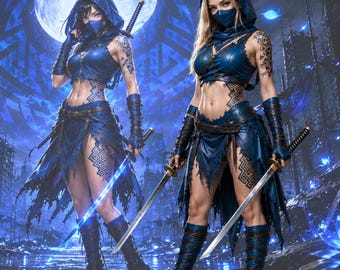 Blue Ninja Costume Women, Hooded Warrior Cosplay Anime Style Costume Set, Fighting Game Inspired Outfit, Female Assassin Halloween Costume,