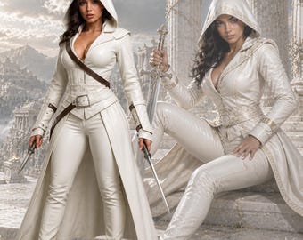 Casaco feminino branco com capuz, estilo assassina, sobretudo para cosplay de fantasia, capa longa inspirada em jogos, fantasia de couro feita à mão sob medida, fantasia de Halloween.