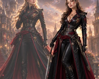 Women's Fantasy Gaming Cosplay Costume, Medieval Warrior Outfit, Gothic Princess Leather Coat, RPG Inspired LARP Uniform, Halloween Costume
