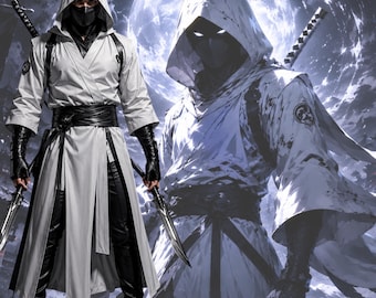 White Assassin Hooded Cosplay Costume for Men,  Gaming Inspired Hooded Coat, Fantasy  Costume, Custom Made Kimono Coat,Halloween Costume
