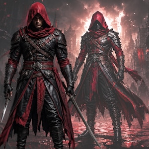May include: Two figures in dark red and black hooded cloaks with intricate leather and metal armour plating. Each figure wears a layered tunic with a waist belt featuring a star-shaped buckle and carries a sharp metal dagger in their hand.