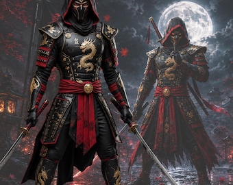 Ninja Dragon Warrior Costume| Black Leather Assassin Hooded Coat & Sash | Gaming Cosplay Armour|Medieval Samurai Outfit | Halloween Costume