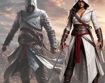 Women's Hooded Assassin Inspired Cosplay Costume, Medieval Rogue Outfit, Fantasy Warrior Coat Set, Halloween Convention Wear, LARP Costume,