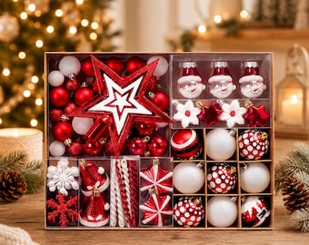 80pcs Christmas Ornament Set, Christmas Tree Decorations Kit, Red White Holiday Baubles, Tree Topper & Hanging Ornaments