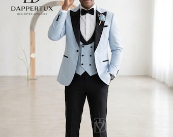 Men Light Blue Tuxedo , 3 Piece Wedding Suit, Powder Blue Groom Tux with Black Peak Lapel, Prom Suit Men, Tailored Flare Trousers Suit