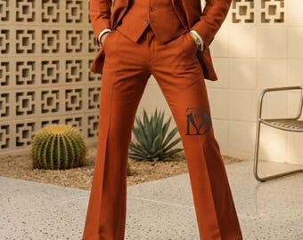 Men's Retro 70s Burnt Orange 3-Piece Suit | Vintage Style Wide Lapel & Flared Bell Bottom Pants | Disco Wedding or Prom Outfit