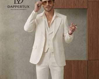 Men's Vintage 1970s Style Off White 3-Piece Suit - Wide Lapel Jacket & Flared Trousers - Retro Classic Wedding Wear
