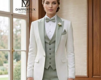 Women's Elegant White & Sage Green 3-Piece Tuxedo for Women | Bridal Suit, Lesbian Wedding Outfit, Custom Tailored Prom Suit