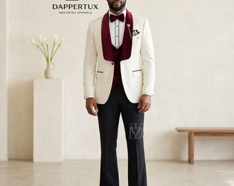 Men's Off White Prom Suit | Red Velvet Collar Tuxedo | 3 Piece Tailored Fit Black Tie Outfit | Luxury Formal Event Attire