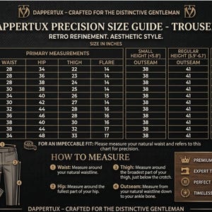 May include: A detailed size guide for trousers, featuring measurements in inches for waist, hip, thigh, and flare. Includes outseam measurements for different heights. The guide also shows how to measure for an impeccable fit.