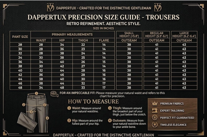 May include: A detailed size guide for trousers, featuring measurements in inches for waist, hip, thigh, and flare. Includes outseam measurements for different heights. The guide also shows how to measure for an impeccable fit.