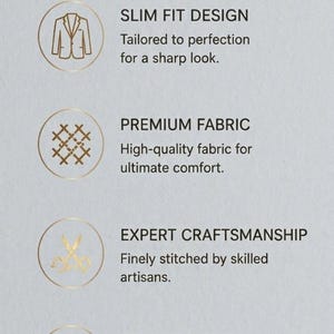 May include: Gold logo for Dappertux, a men's retro apparel brand. The image highlights features like slim fit design, premium fabric, expert craftsmanship, timeless style, and custom tailoring. The logo is in gold on a light gray background.