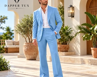 Men's Sky Blue Men Suit, Light Blue Wedding Suit, Mens 2 Piece Suit, Summer Groom Outfit, Prom Suit, Custom Tailored Blazer Pants