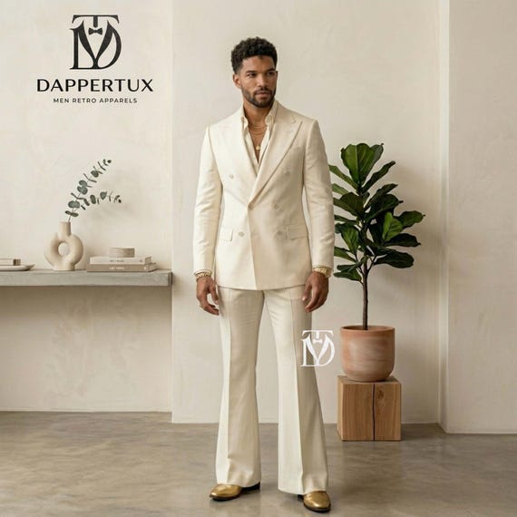 Men's 70s Retro Cream Suit | Double Breasted Vintage Style Tuxedo with Flared Pants | Disco Era Bell Bottom Suit | Ivory Prom Outfit