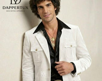 Men's White Velvet Leisure Suit | Vintage Disco Outfit with Wide Lapel Jacket & Bell-Bottom Pants | Retro Themed Party Costume