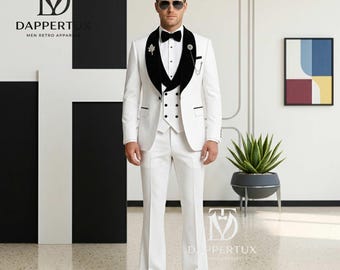 Traje de etiqueta retro blanco de 3 piezas para hombre / Pantalones acampanados y solapa de terciopelo negro / Traje de graduación y boda de estilo vintage