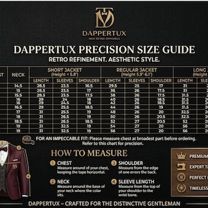 May include: A size guide chart for Dappertux men's retro apparel, featuring measurements for short, regular, and long jackets. The chart includes chest, neck, sleeve, and shoulder measurements in inches, with a visual of a suit and bow tie.