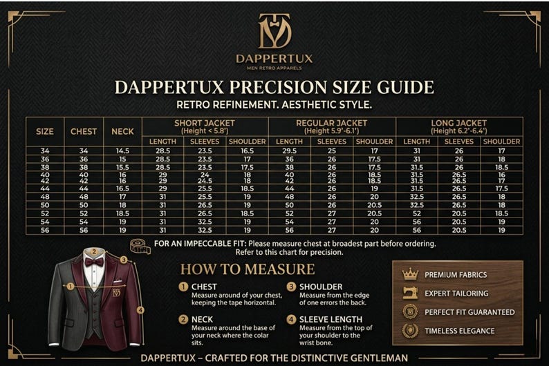 May include: A size guide chart for Dappertux men's retro apparel, featuring measurements for short, regular, and long jackets. The chart includes chest, neck, sleeve, and shoulder measurements in inches, with a visual of a suit and bow tie.