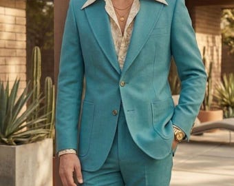 Men's Suits Retro 70s Teal Blue Suit | Vintage Style Wide Lapel Blazer & Bell Bottom Trousers | Disco Prom Wedding