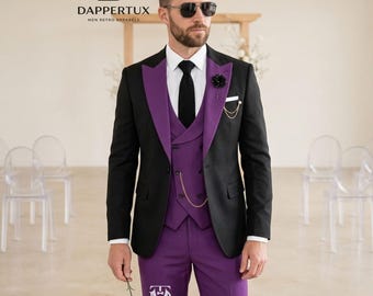 Men's 3-Piece Black & Purple Suit | Vintage Groom Wedding Tuxedo | Peak Lapel Prom Suit with Double Breasted Waistcoat Slim Fit Suit