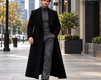 Men's Black Wool Overcoat, Double Breasted Long Winter Coat, Luxury Tailored Trench Coat, Formal Gothic Coat, Men's Winter Outerwear