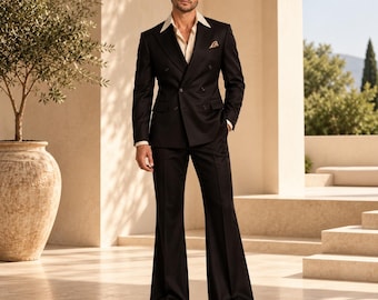Men's Black Double Breasted Suit for Men, Wide Leg Pants Suit, Wedding Groom Suit, Vintage Style Formal Suit, Custom Made Tuxedo