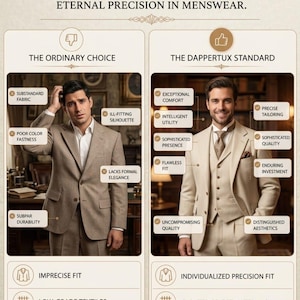 May include: An advertisement for Dappertux menswear. The image contrasts the "ordinary choice" with "The Dappertux Standard." The text highlights features like "exceptional comfort," "precise tailoring," and "enduring investment." The Dappertux logo is at the top.