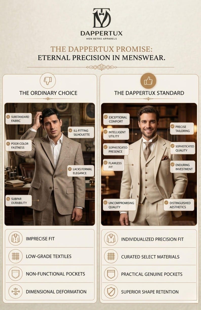 May include: An advertisement for Dappertux menswear. The image contrasts the "ordinary choice" with "The Dappertux Standard." The text highlights features like "exceptional comfort," "precise tailoring," and "enduring investment." The Dappertux logo is at the top.