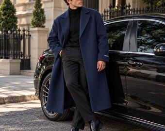 Men's Navy Blue Long Wool Coat, Men's Winter Overcoat, Elegant Tailored Trench Style Coat, Luxury Formal Outerwear Men's Winter Fashion Gift