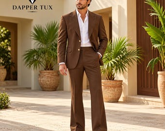 Men's Brown 2 Piece Suit, Chocolate Brown Wedding Suit, Wide Leg Pants Suit, Groom Outfit, Vintage Style Blazer, Custom Made Suit