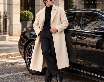 Men's Cream Wool Overcoat, Long Beige Winter Coat, Elegant Tailored Trench Style Coat, Old Money Luxury Men's Outerwear