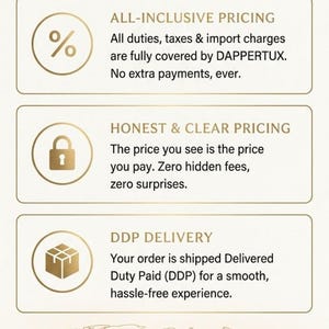 May include: A promotional graphic for Dappertux, a men's apparel brand, featuring text about global assurance. The image includes a logo, a percentage symbol, a lock, and a box icon, along with a world map.