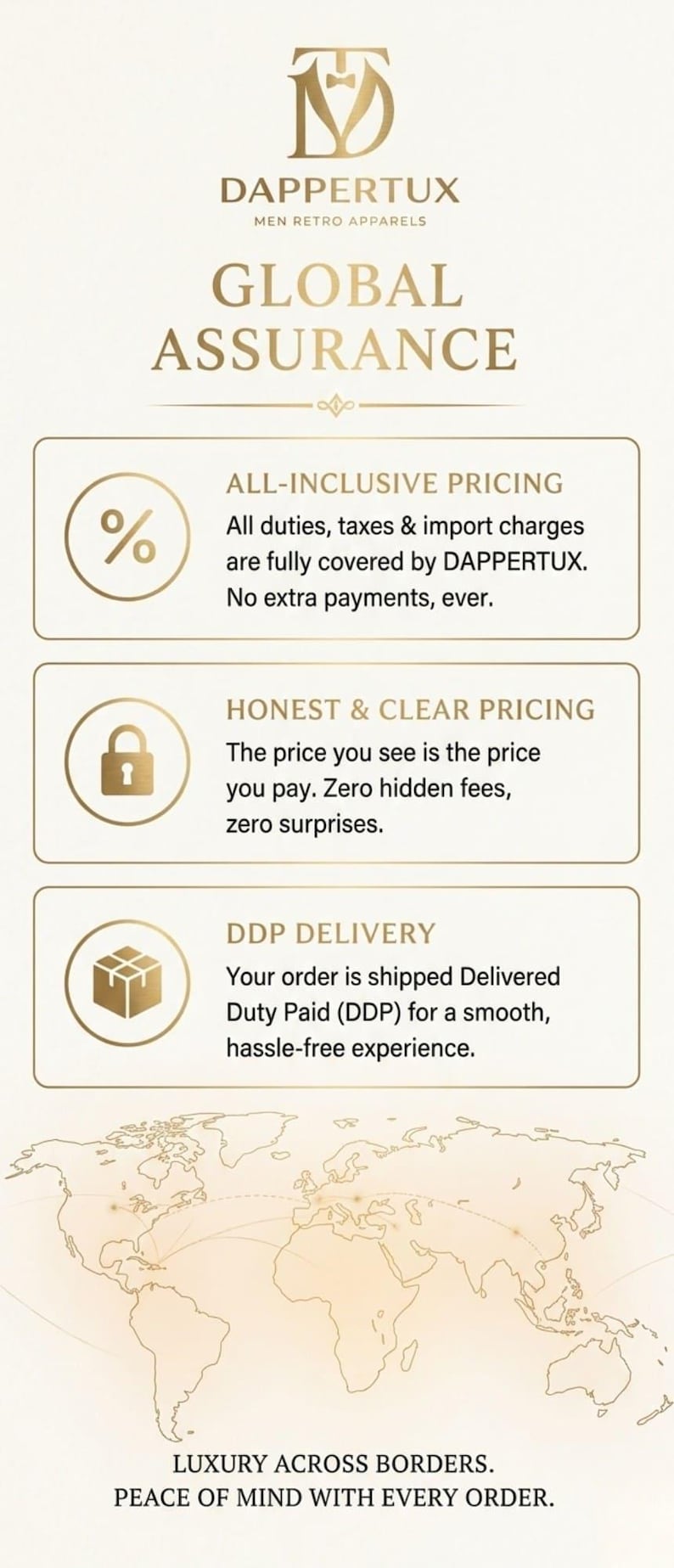 May include: A promotional graphic for Dappertux, a men's apparel brand, featuring text about global assurance. The image includes a logo, a percentage symbol, a lock, and a box icon, along with a world map.