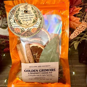 May include: An orange pouch containing dried orange slices, cinnamon sticks, and bay leaves. A circular tag attached to the top reads: Time opportunity, honor what I have, and make space for growth. The label reads: Willow and Wickett Golden Grimoire.